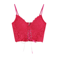 V Neck Heart Neck Solid Lace Up Zip-Up Lace Hem Cami Top