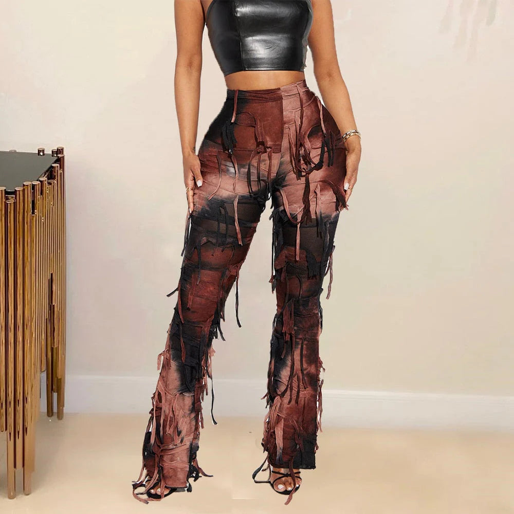 Perl Tassel Stretch Straigh Pants For Women Tie Dye Printed Bodycon Trousers Fashion Capris 2024