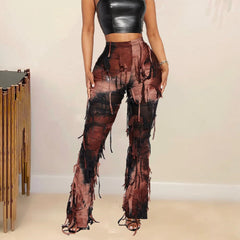 Perl Tassel Stretch Straigh Pants For Women Tie Dye Printed Bodycon Trousers Fashion Capris 2024