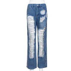 Women Fashion Ripped Hollow Out Wide Leg Full Length Jeans 2024 New Summer Ins Street Denim Pants Trousers