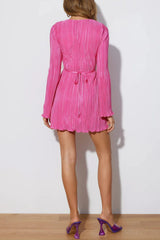 Pleated Flares Sleeve Tie-Up Mini Dress