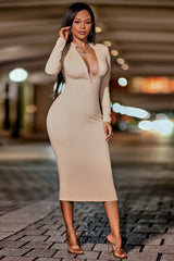 Zip Up Cutout Drawstring Detail Midi Bodycon Dress