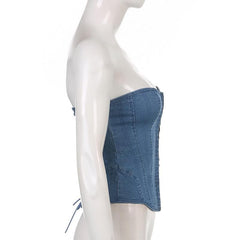Denim Lace Up Back Heart Neck Tube Top