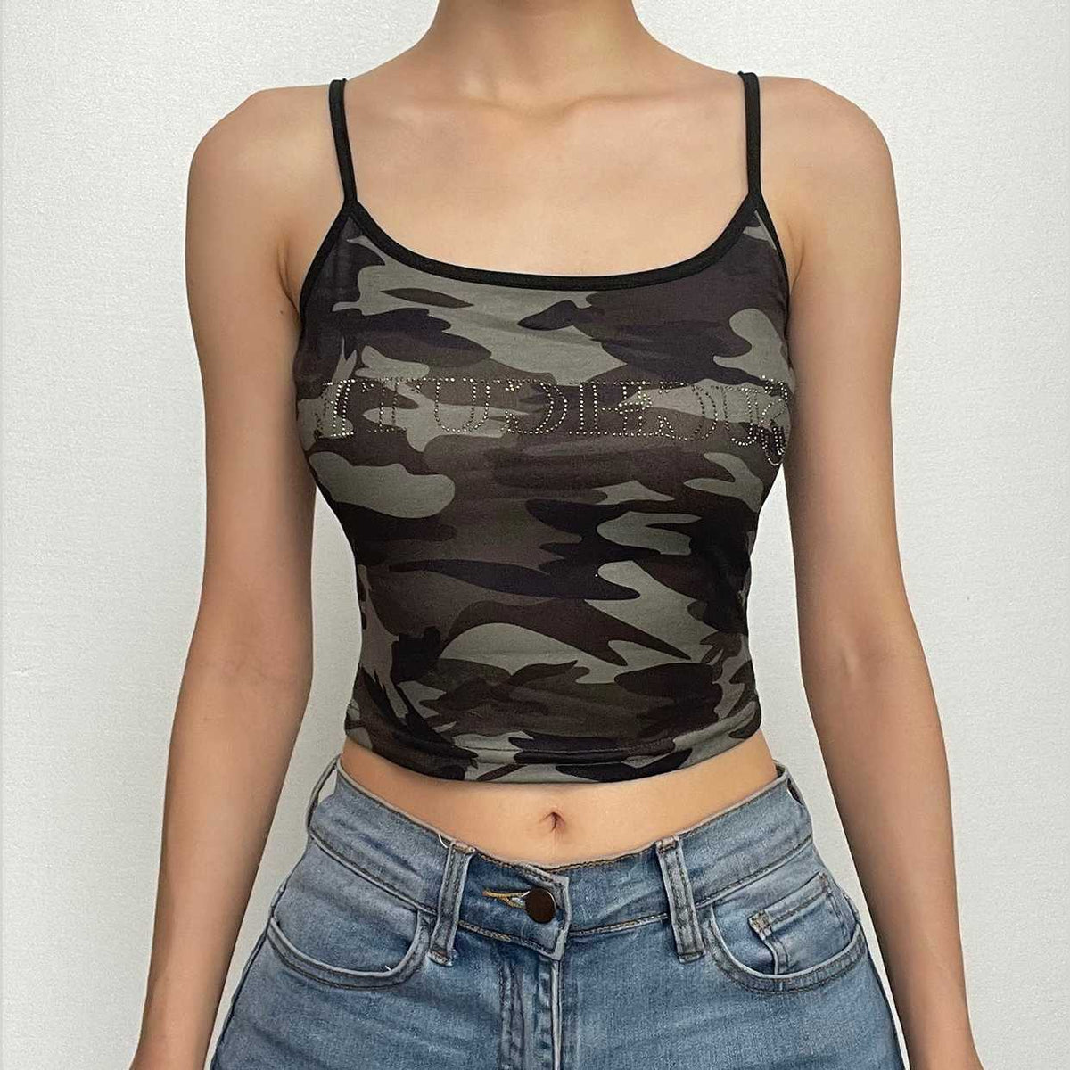 Camouflage Beaded U Neck Contrast Cami Crop Top