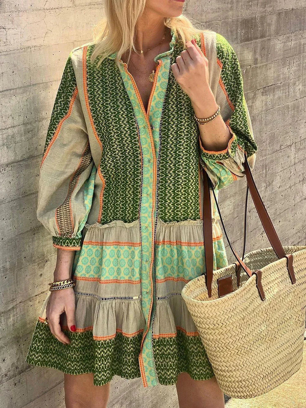 Ethnic Print Three-Quarter Charming Sleeve Mini Dress