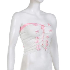 Ribbed Bowknot Contrast Lace Up Backless Tube Top - Final Sale