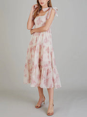 Unique Retro Sunshine Floral Graceful Print Lace-Up Midi Dress