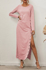 Solid Buckle Slit O Neck A Line Dresses(8 Colors)