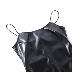 Pu Leather Solid Square Neck Spaghetti Strap Backless Cami Dress