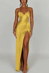Deep V-Neck Suspender Slit Midi Dress