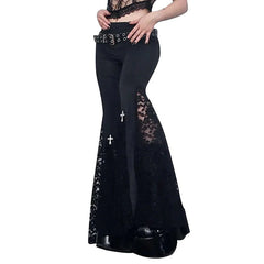 Goth Mall Flare Pants Sexy Black Lace Patchwork High Waist Vintage Harajuku Hippie Punk Grunge Streetwear  Y2K Pants