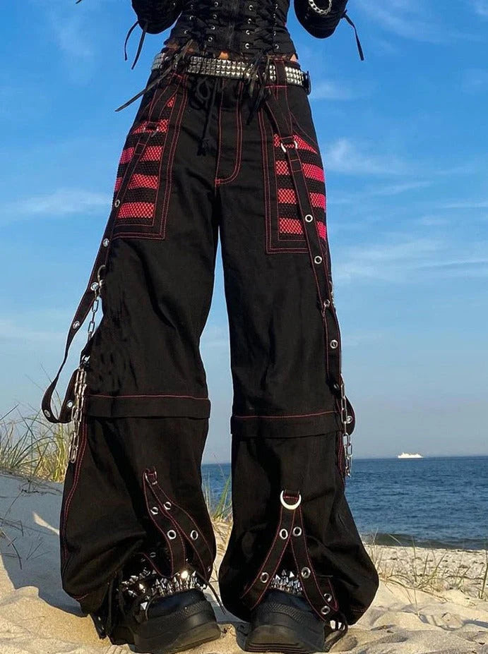 Fashion Trends Gothic Chain Bandage Wide Leg Pants Women Oversize Low Rise Dark Academic Trousers Streetwear 90S Baggy Pant Punk Style