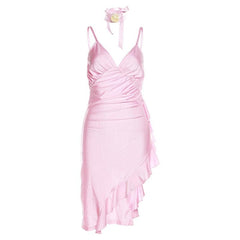 Ruffle Ruched V Neck Flower Applique Backless Irregular Cami Mini Dress