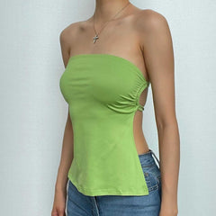 Drawstring Solid Ruched Self Tie Backless Tube Top