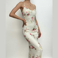 Contrast U Neck Backless Flower Print Maxi Dress