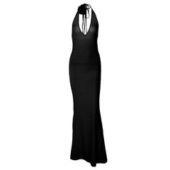 Solid V Neck Halter Backless Flower Applique Self Tie Maxi Dress