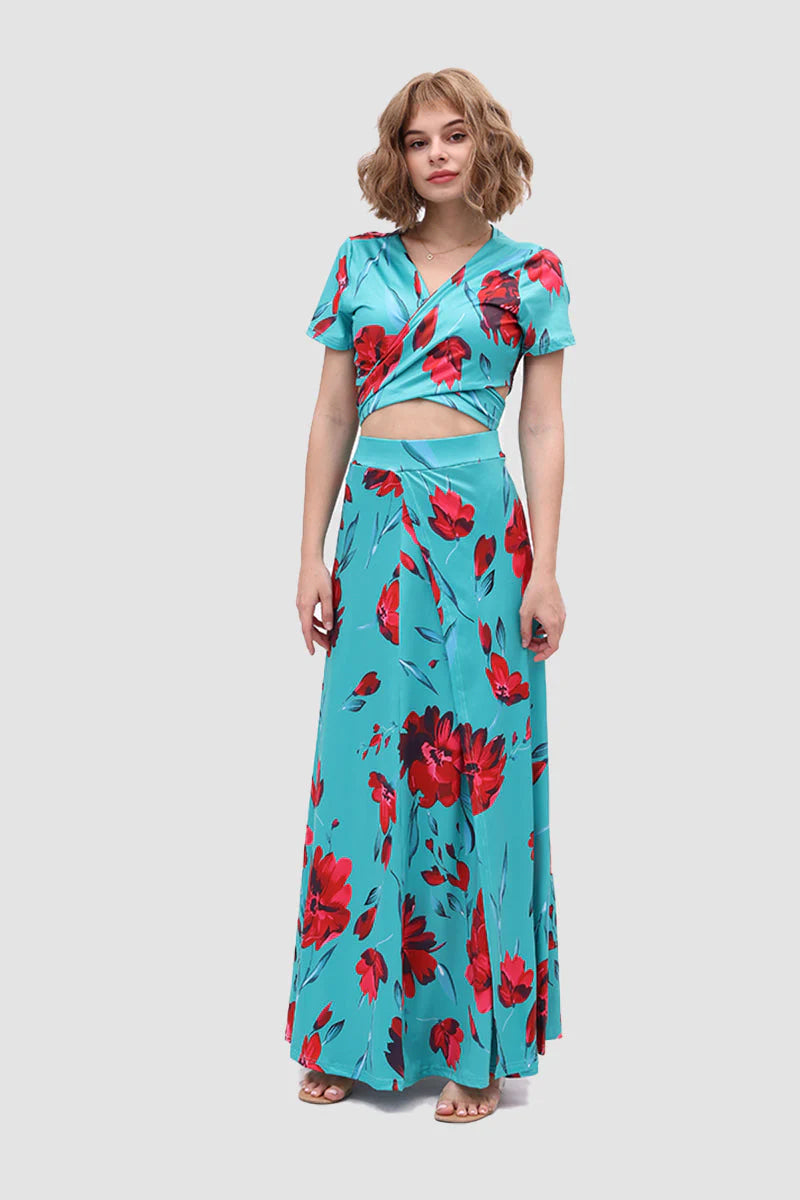 V-Neck Allover Floral Side Slit Two-Piece Dress