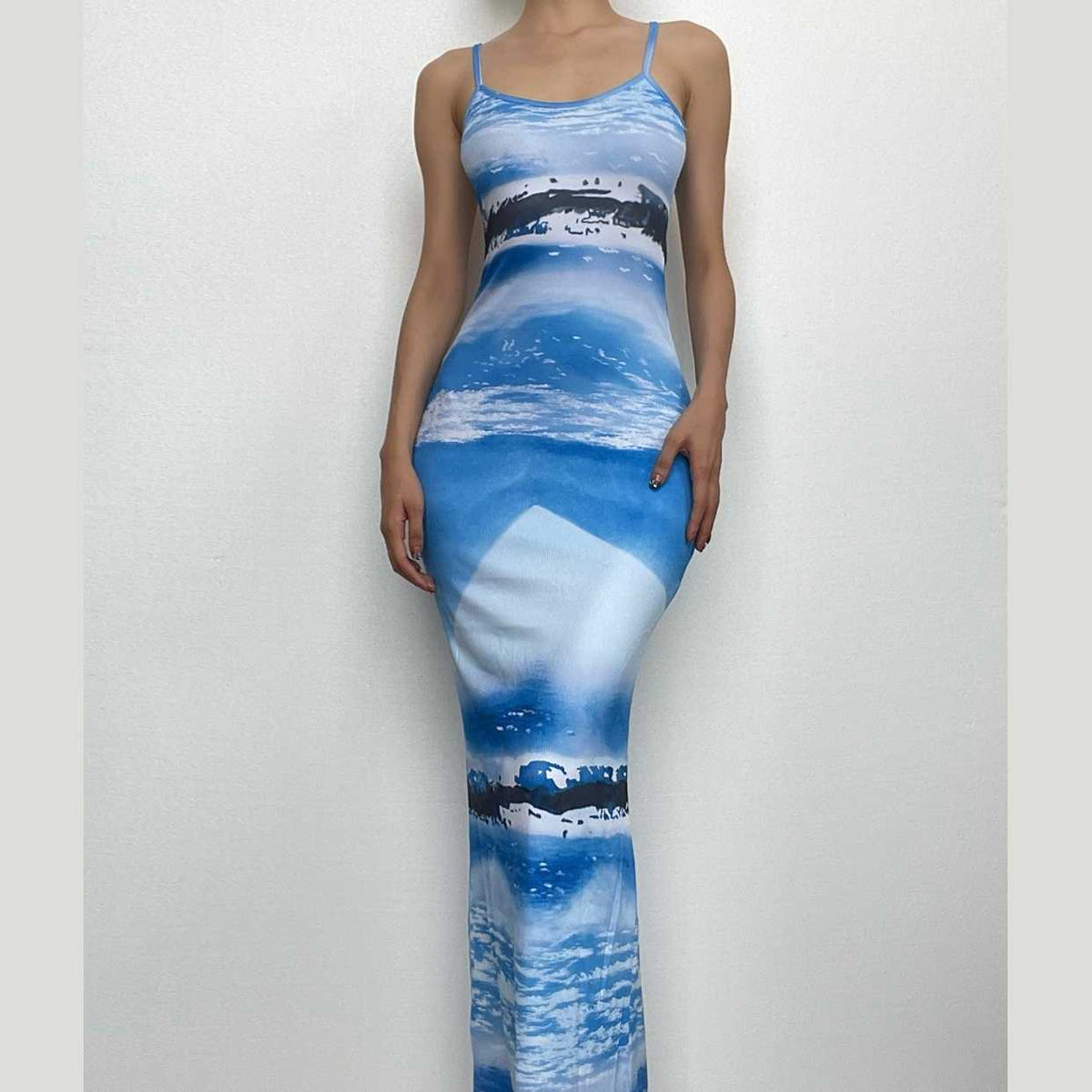 Ribbed Contrast Print Backless U Neck Cami Maxi Dress