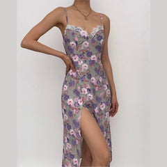 Sleeveless Slit Lace Hem Backless Flower Pattern Print Cami Dress