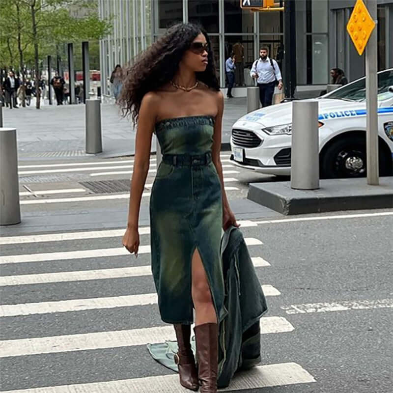American Slim Fit Navel Strap Denim Tube Two Piece Dress
