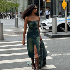 American Slim Fit Navel Strap Denim Tube Two Piece Dress