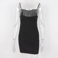 Metal Chain Zip-Up Solid Sweetheart Neck Tassels Cami Dress