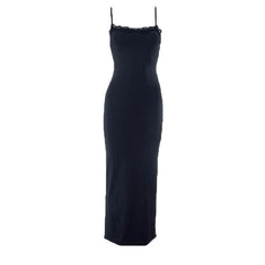 Lace Hem Square Neck Solid Backless Cami Maxi Dress