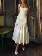 Graceful Square Neck Wide Graceful Strap Drop Waist Midi Dress