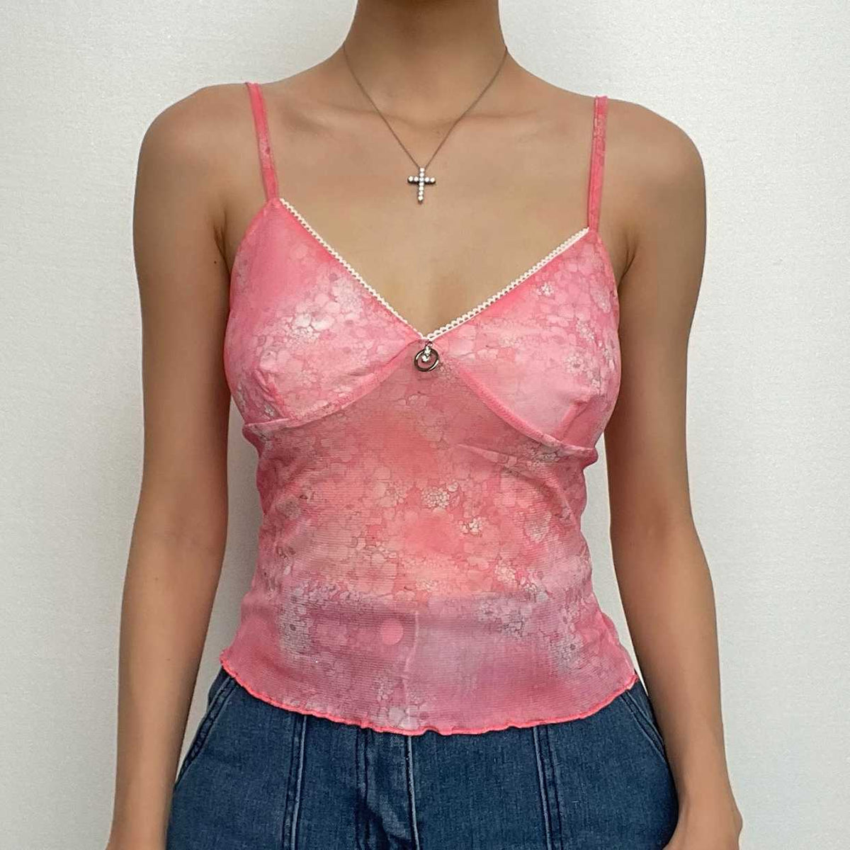 Sheer Mesh See Through V Neck Flower Print Ruffle Cami Crop Top