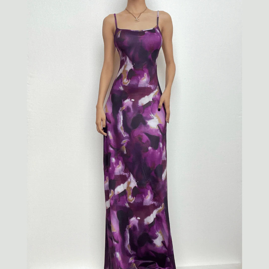 Tie Dye Square Neck Contrast Backless Cami Maxi Dress