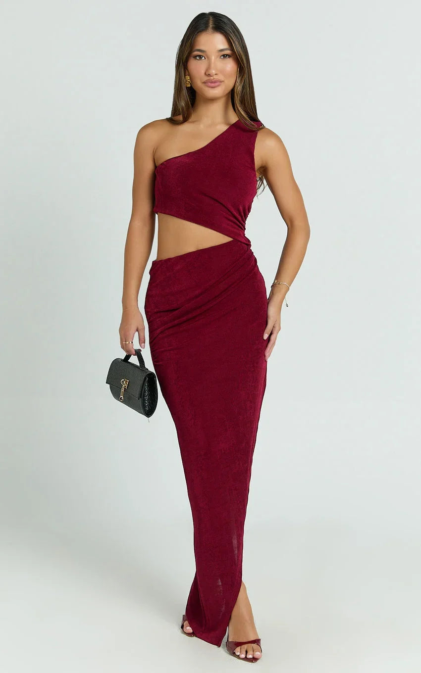 Kala Midi Dress - One Shoulder Cut Out Side Split Dress in Wine