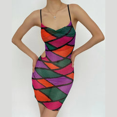 Hollow Out Sheer Mesh See Through Print Contrast Cami Dress
