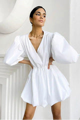 White Satin High Waist Lantern Puff Sleeve Dress