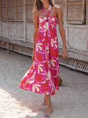 Halterneck Print Berry Charming Lotus Midi Dress