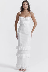 White Hook Flower Suspender Long Dress