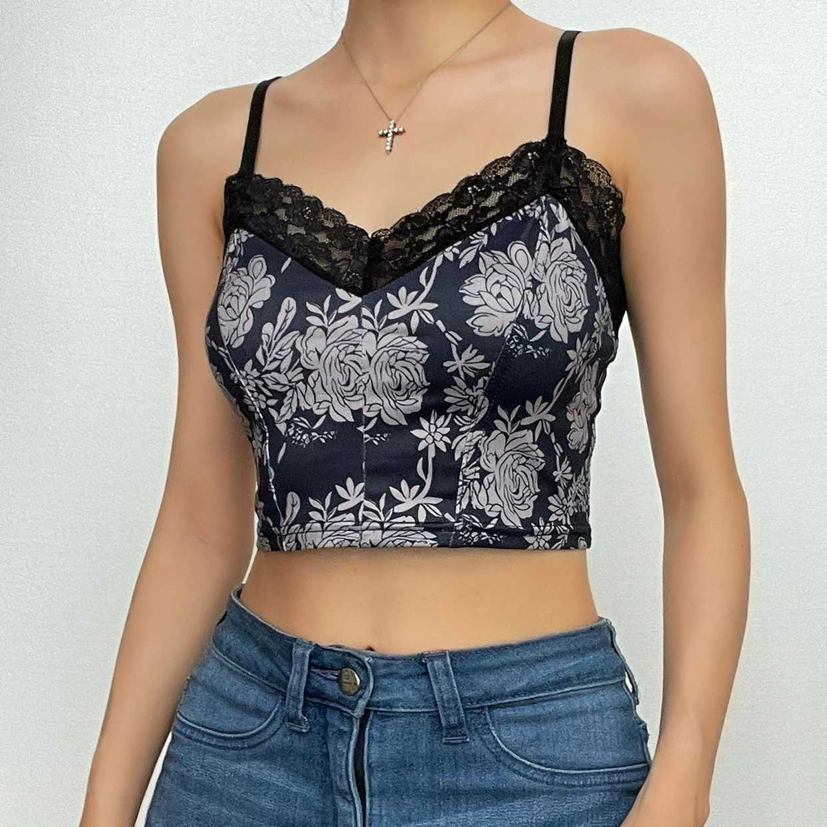Flower Print Lace Hem V Neck Contrast Backless Cami Crop Top