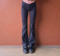 Indie Aesthetics Slim Low Waist Flare Pants E-Girl Vintage Pockets Solid Y2K Pants Autumn 90S Fashion Black Trousers