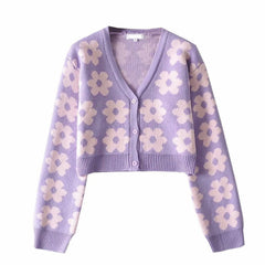 V Neck Flower Pattern Button Knitted Contrast Long Sleeve Cardigan Top