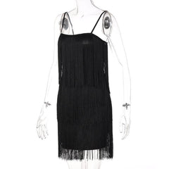 Tassels Zip-Up Solid Square Neck Backless Cami Mini Dress