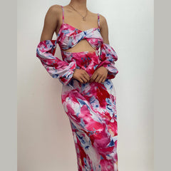 Long Sleeve Contrast Off Shoulder Hollow Out Flower Print Midi Dress