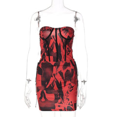 Lace Up Backless Corset Contrast Print Tube Top Mini Skirt Set