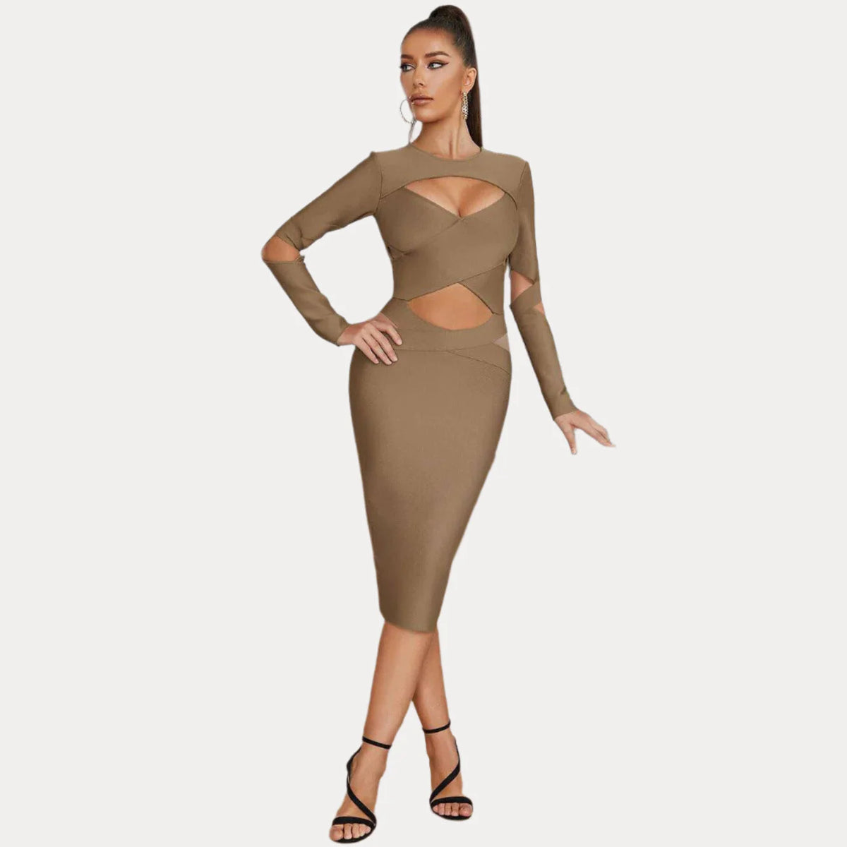 Stitching Hollow Bandage Irregular Slim Long-Sleeved Dress