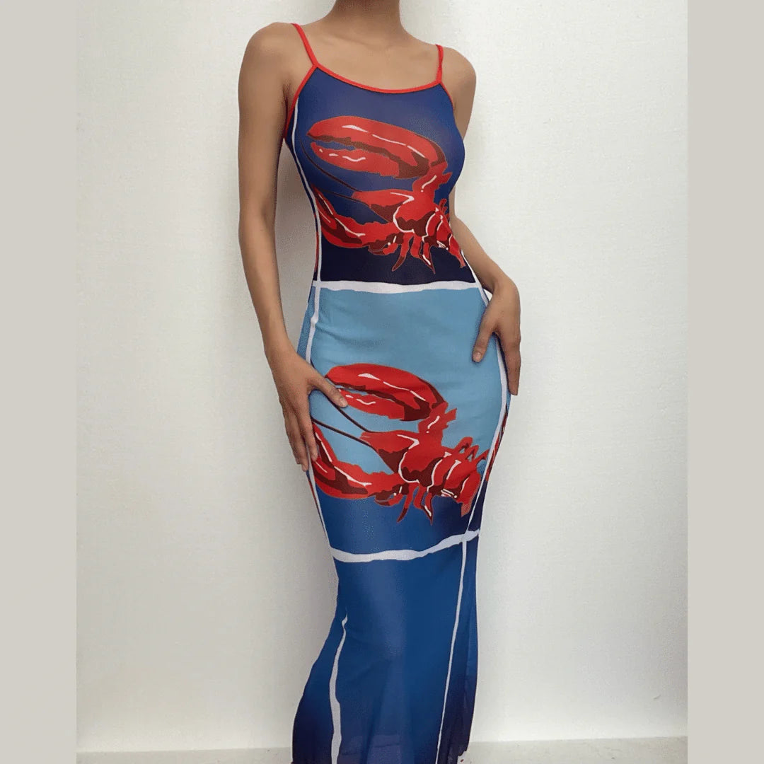 Sheer Mesh Lobster See Through Contrast Print Ruffle Cami Midi Dress