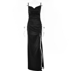 Solid Sleeveless Cowl Neck Slit Ruched Backless Cami Maxi Dress