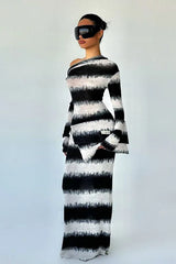 Striped Oblique Shoulder Long Sleeve Dress