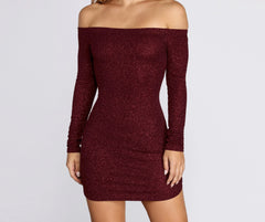 Off Shoulder Long Charming Sleeve Glittering Mini Dress