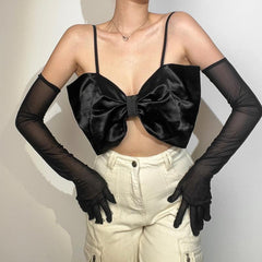 Bowknot Solid Gloves Backless Mesh Cami Crop Top
