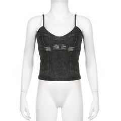 Denim V Neck Zip-Up Backless Cami Crop Top - Final Sale