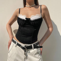 Lace Hem Contrast Patchwork Ruched Corset Button Cami Top