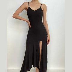 Slit V Neck Solid Irregular Ruched Cami Maxi Dress